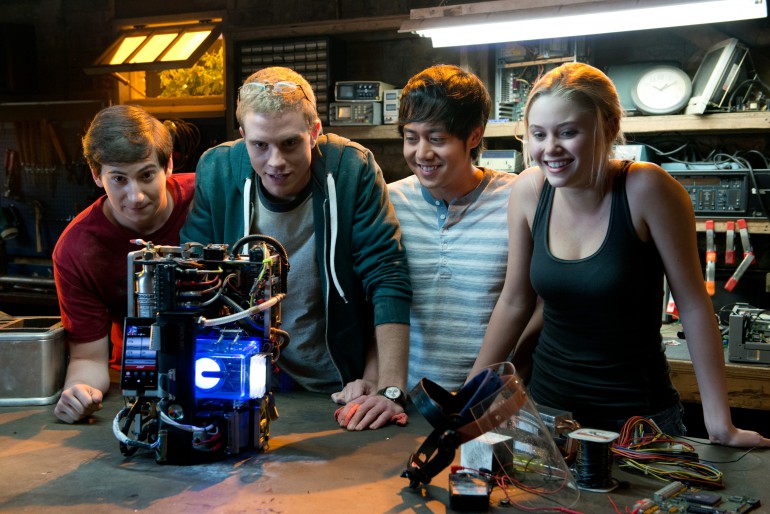 Left to right: Sam Lerner is Quinn Goldberg, Jonny Weston is David Raskin, Allen Evangelista is Adam Le, and Virginia Gardner is Christina Raskin in PROJECT ALMANAC, from Insurge Pictures, in association with Michael Bay.